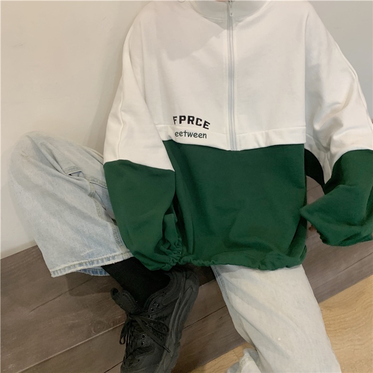 Áo nỉ tay dài cổ đứng phối khóa kéo thêu chữ phong cách retro thời trang Hàn Quốc