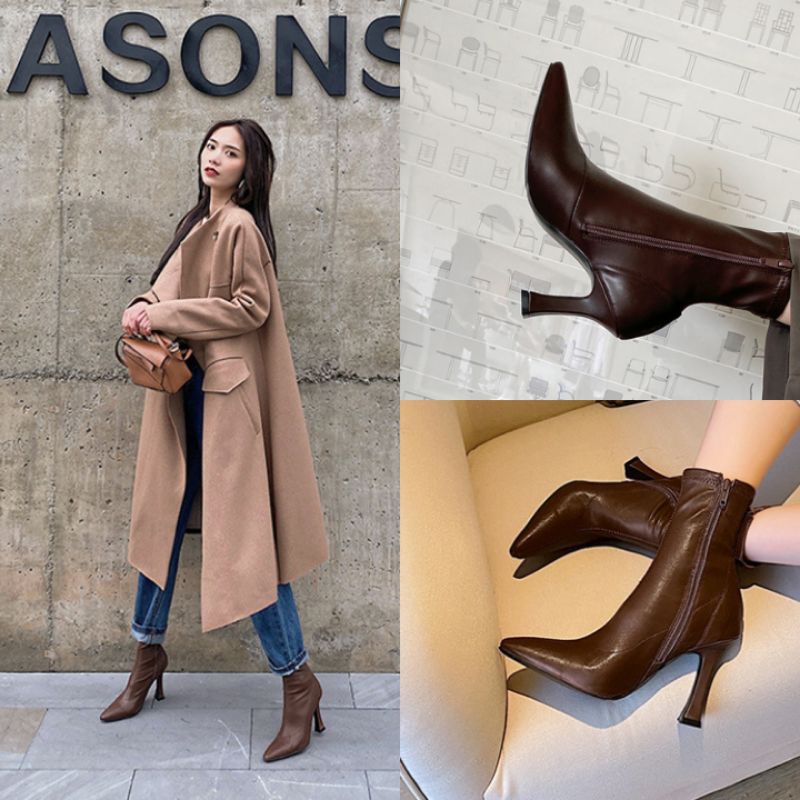 Giày boot cổ ngắn ôm chân đế 8cm màu nâu GBCN-28N