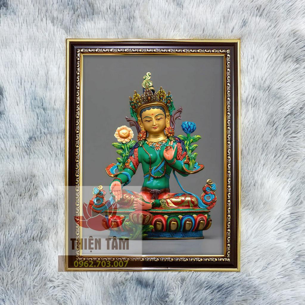 Tranh Tượng Tara Xanh Mandala  khung 36x48cm bằng vải phủ bóng khung composite xịn xò