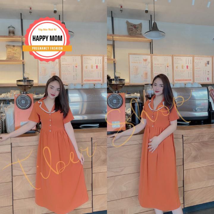 Váy Bầu Công Sở🎀Váy Bầu Mùa Hè Thiết Kế Dáng Suông, Cổ Xẻ, Dáng Dài Qua Gối. Màu Cam Tươi Tắn