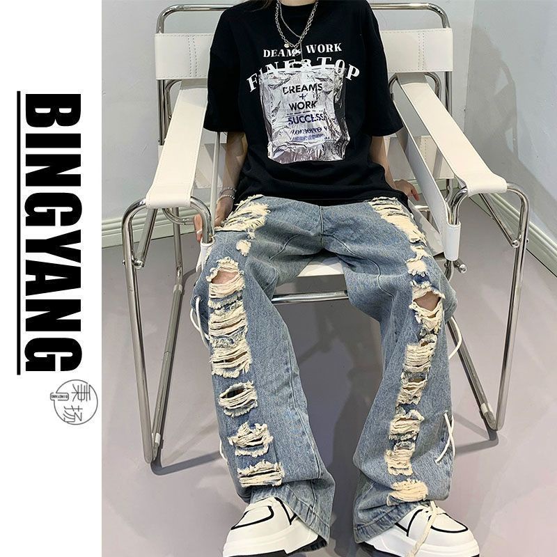 Quần Jean Ống Rộng Dáng Suông Cột Dây Phối Tua Rua Phong Cách Retro Hợp Thời Trang Cho Nam Và Nữ