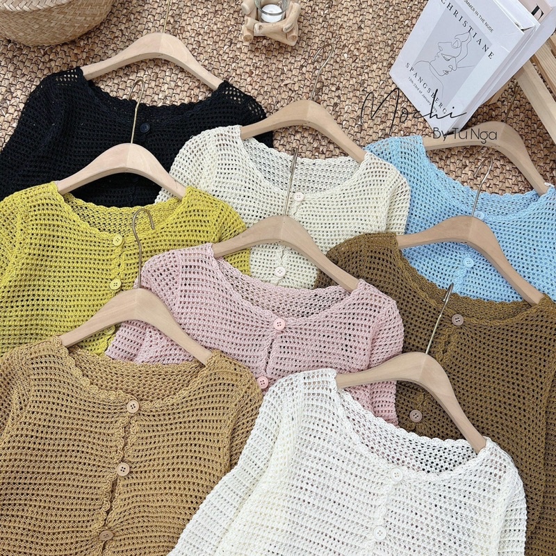 Áo len cadigan hạt gạo đan sợi lỗ nhỏ vintage cộc tay, dài tay