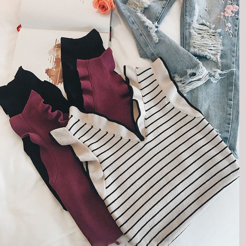 [Baywellfashion]Áo dệt kim nữ không tay cổ chữ V màu trơn gợi cảm hợp thời trang