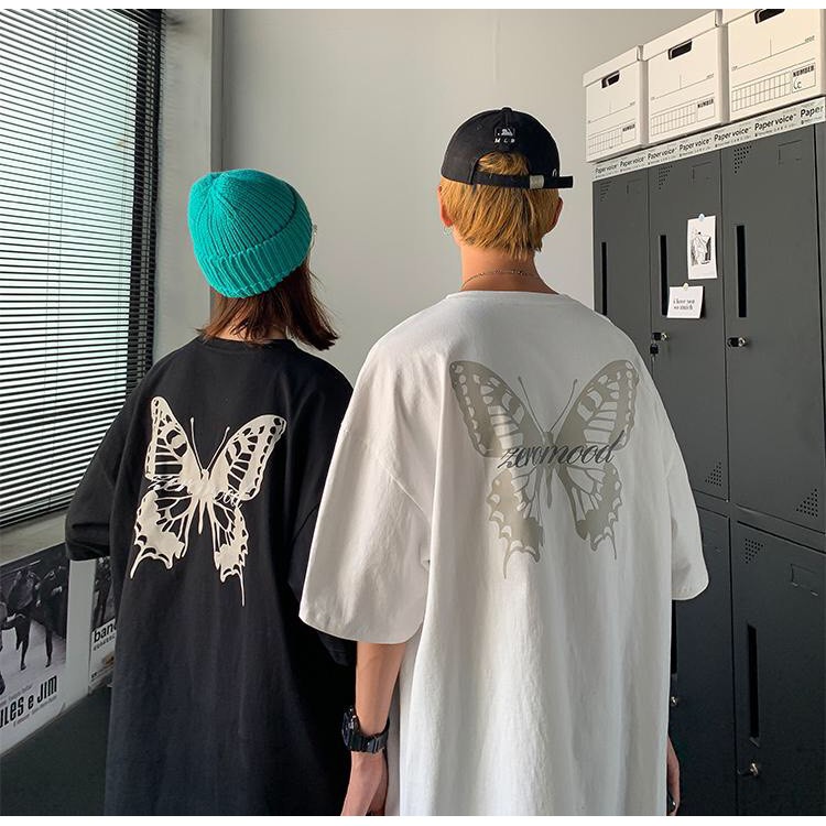 ÁO THUN UNISEX TAY LỠ HOẠ TIẾT BƯỚM TRẮNG ĐEN FORM TO