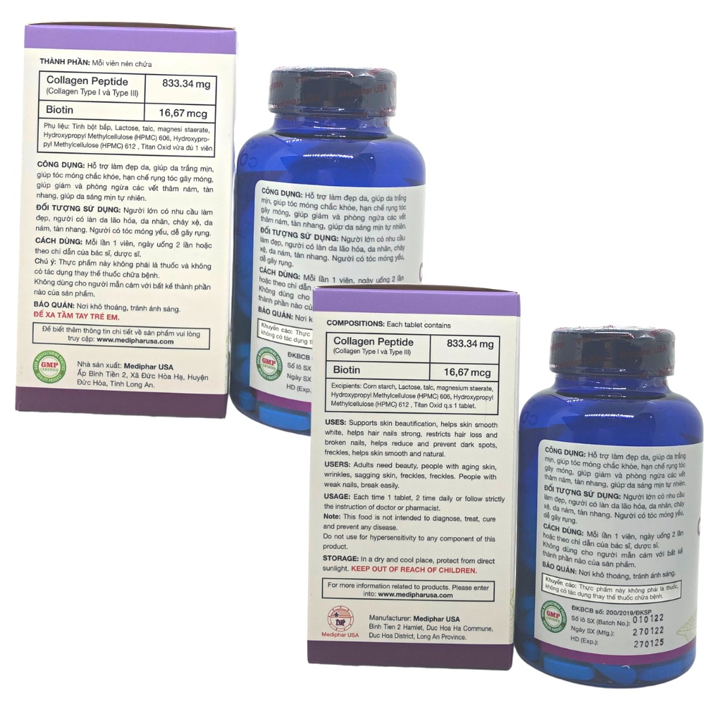 Viên uống Biotin Collagen 30 - Viên uống đẹp da, hỗ trợ mọc tóc Mediphar USA sản xuất chuẩn GMP - Hộp 100 viên nén