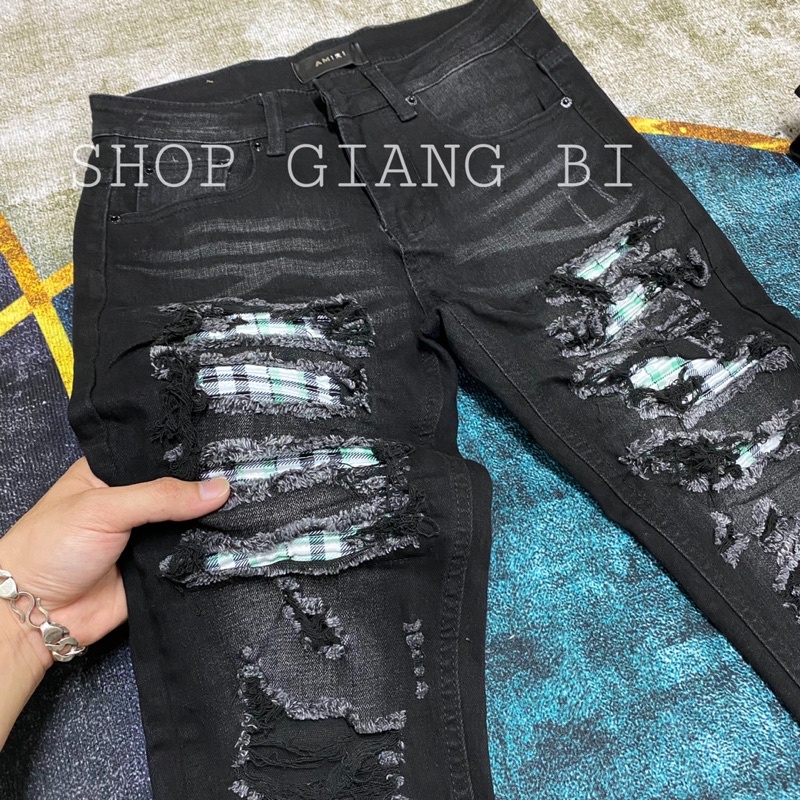 Quần jean vá nhăn kẻ xanh khâu viền,quần bò vá nhăn kẻ xanh amiri rách xước nhẹ