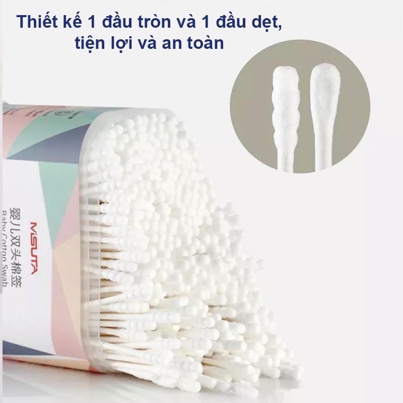 Tăm bông Misuta vệ sinh ngoáy tai cho bé hộp 400 que 2 đầu được làm từ bông tự nhiên mềm mại an toàn cho da bé
