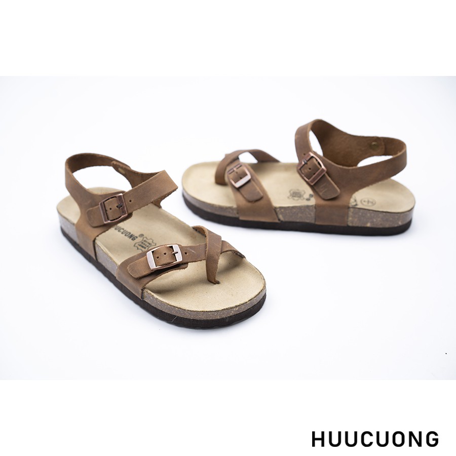 Sandal HuuCuong xỏ ngón da bò nâu/ đen/ Rêu đế trấu, chính hãng giầy dép sandal Hữu Cường, bảo hành 6 tháng