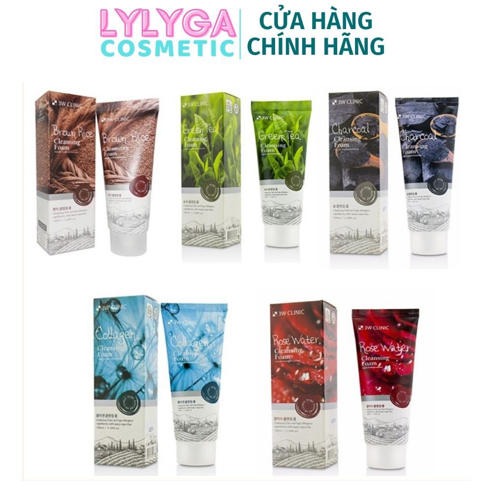 Sữa Rửa Mặt 3W Clinic 100ml - sữa rửa mặt Hàn Quốc Trà xanh/ Gạo/Collagen/Hoa hồng/ Than hoạt tính tư nhiên RM01