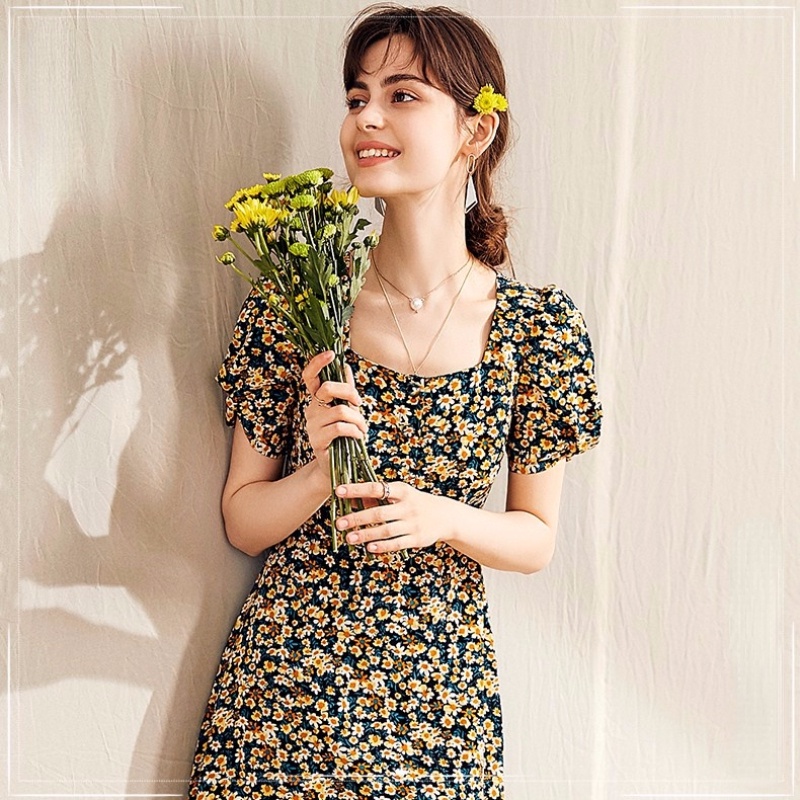 Đầm tay ngắn ZXYOUPING cổ vuông họa tiết hoa size s-xxl