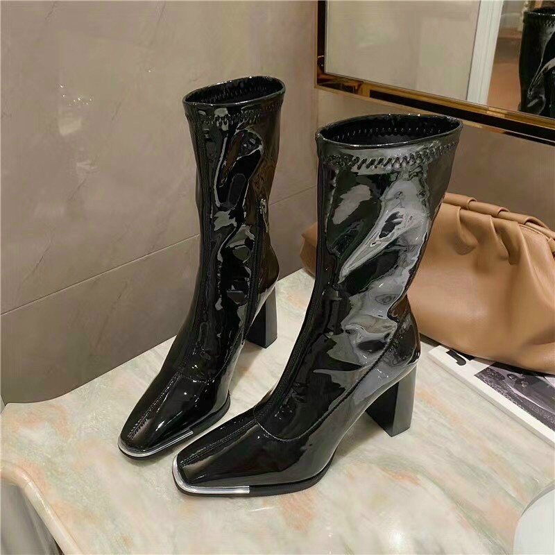 Boot bóng cao cổ mũi viền kim loại