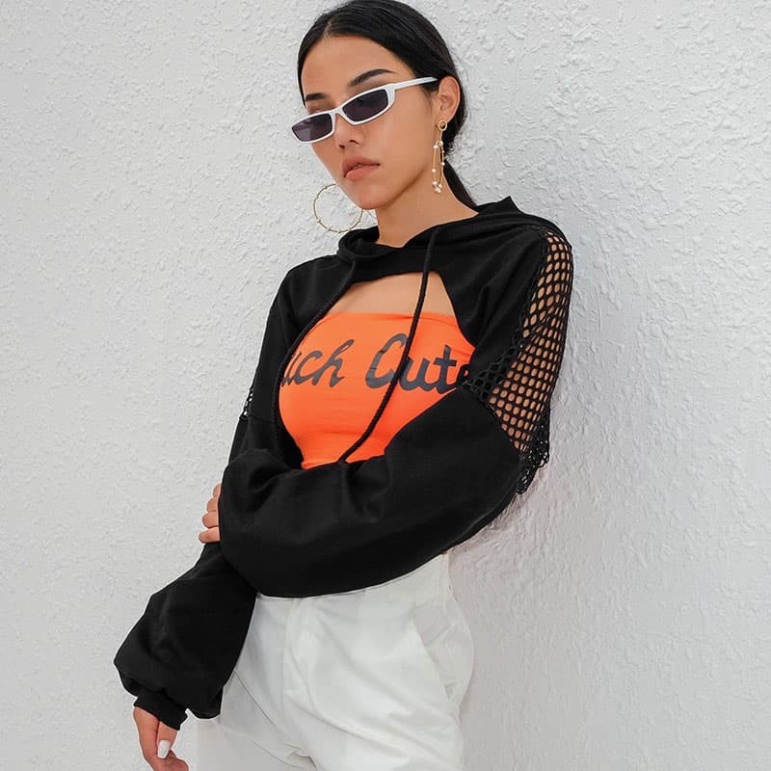 ÁO CROPTOP HOODIE HỞ NGỰC REN LƯỚI LƯNG , ÁO TẬP NHẢY DANCE