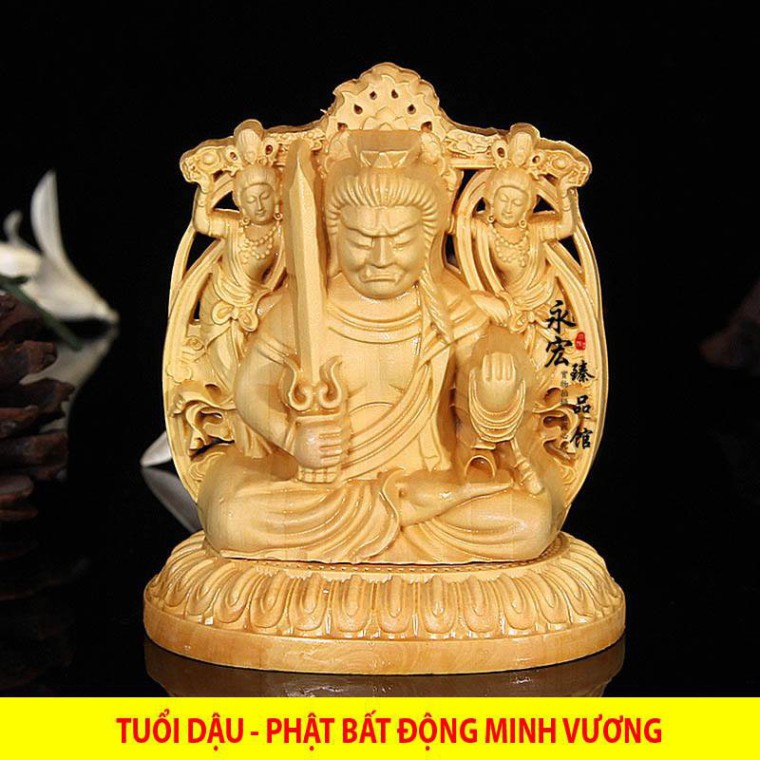Tượng gỗ để xe ô tô phật Bất Động Minh Vương bằng gỗ Hoàng Dương - TẶNG 1 VÒNG ĐEO TAY Hàng cao cấp