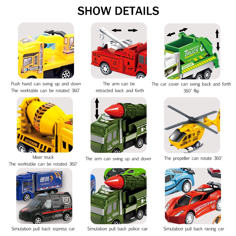 Bộ 6 xe đồ chơi chạy trớn cỡ nhỏ mô hình xe ô tô xe cứu hỏa cảnh sát máy bay trực thăng xe đua