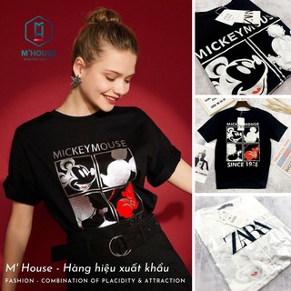 Áo thun ZARA nữ - In hình Mickey Mouse nhũ ánh bạc sắc xảo HOT- Áo thun hàng hiệu xuất khẩu - Full tem, tag, nhãn sườn
