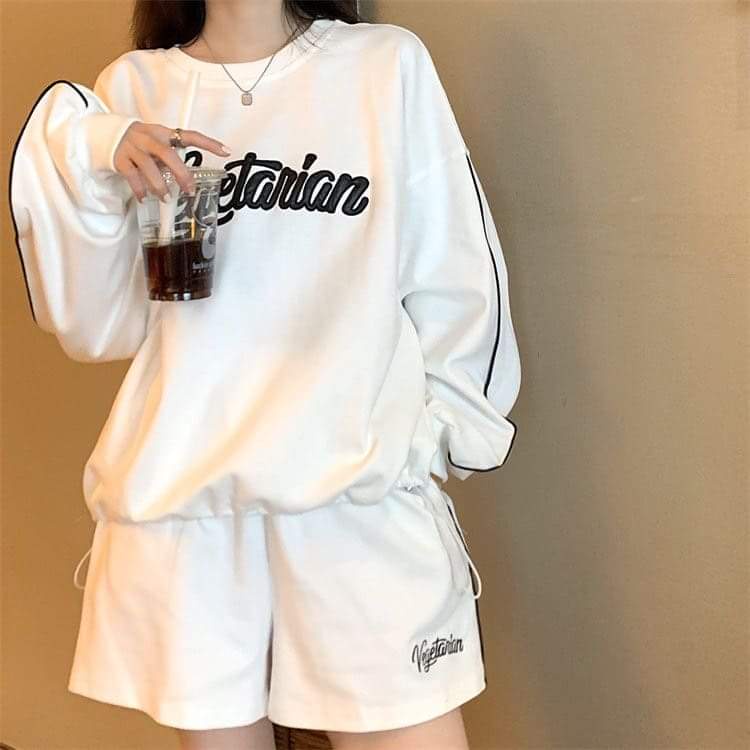 Bộ Dài Tay Kẻ 1 Sọc Vege PEONYB Unisex [FREESHIP]  Set đồ quần short đùi kèm thun sweater in hình vintage hàn quốc