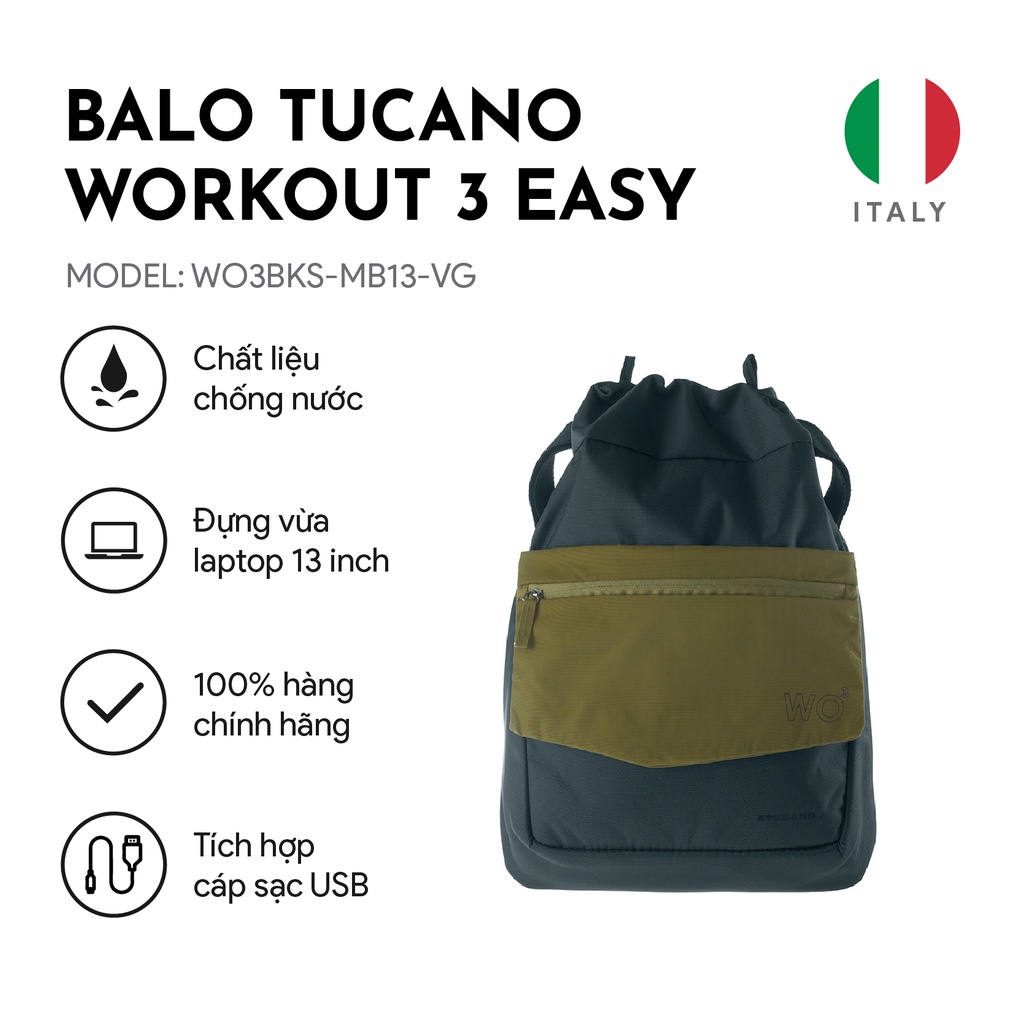 Balo Laptop/ Macbook Tucano Workout 3 Easy cao cấp có cổng kết nối USB 13 inch