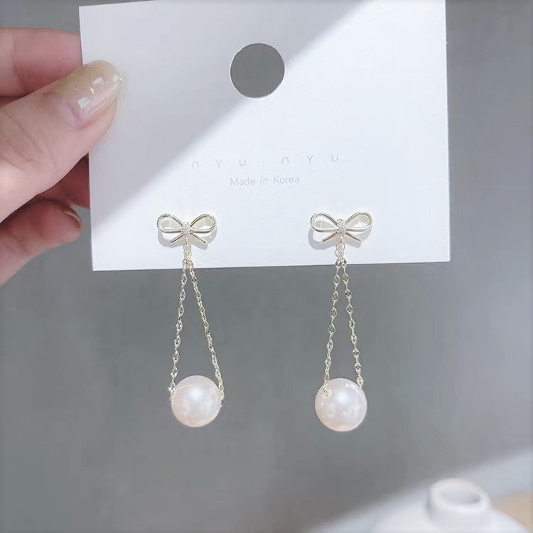 Bông tai bạc hình nơ treo hạt trai, khuyên tai bạc ta mẫu mới 2021 - Trang sức bạc Evasilver