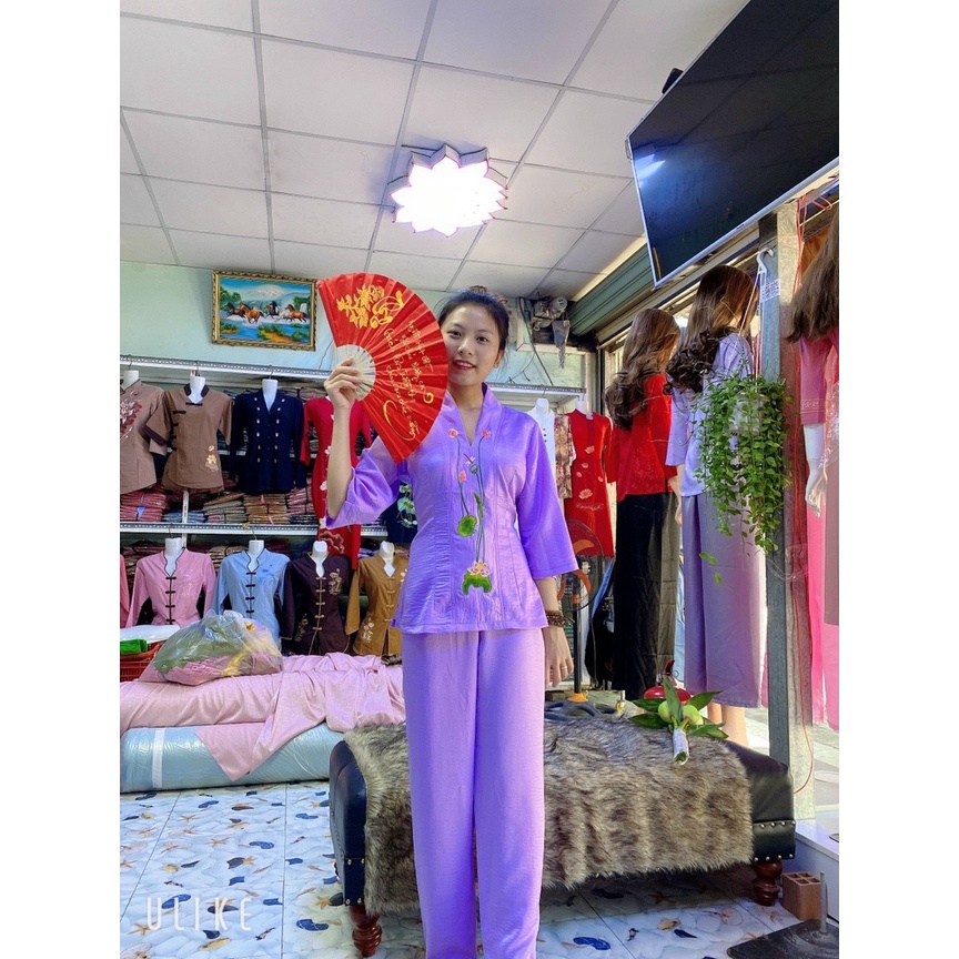 ĐỒ LAM ĐI CHÙA#BỘ LỤA THÊU SEN VẢI LỤA LA TINH NHẬP KHẨU DÀY MÁT KHÔNG NHĂN
