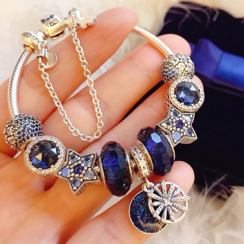 PANDORA Vòng Tay Chuỗi Hạt Hình Hoa Tuyết Màu Xanh Dương Thời Trang Diy Cho Nữ