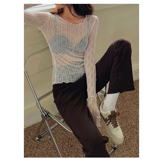 Áo lưới ren mỏng tay dài cổ tròn thời trang cho nữ MS275