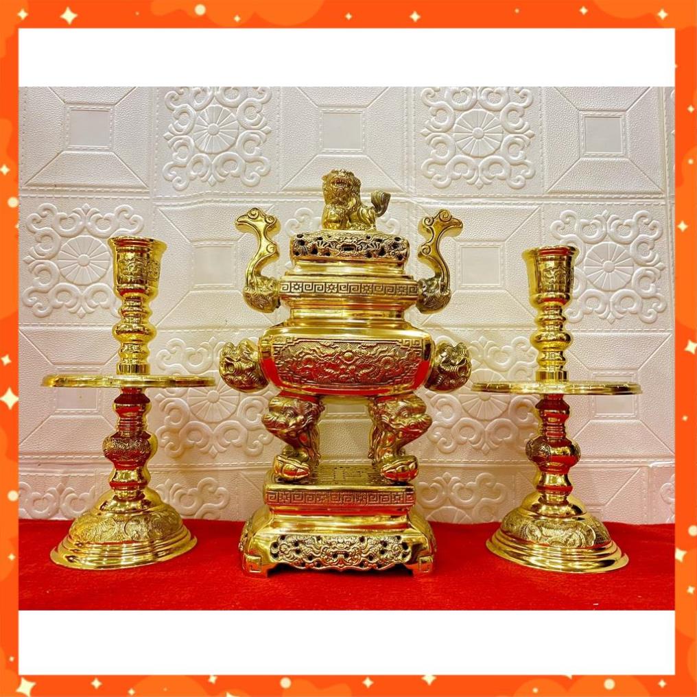 Bộ đỉnh Thờ Lư Thờ Đồng Vuông  cao 35cm - Đỉnh Thờ Đồng Nguyên Chất