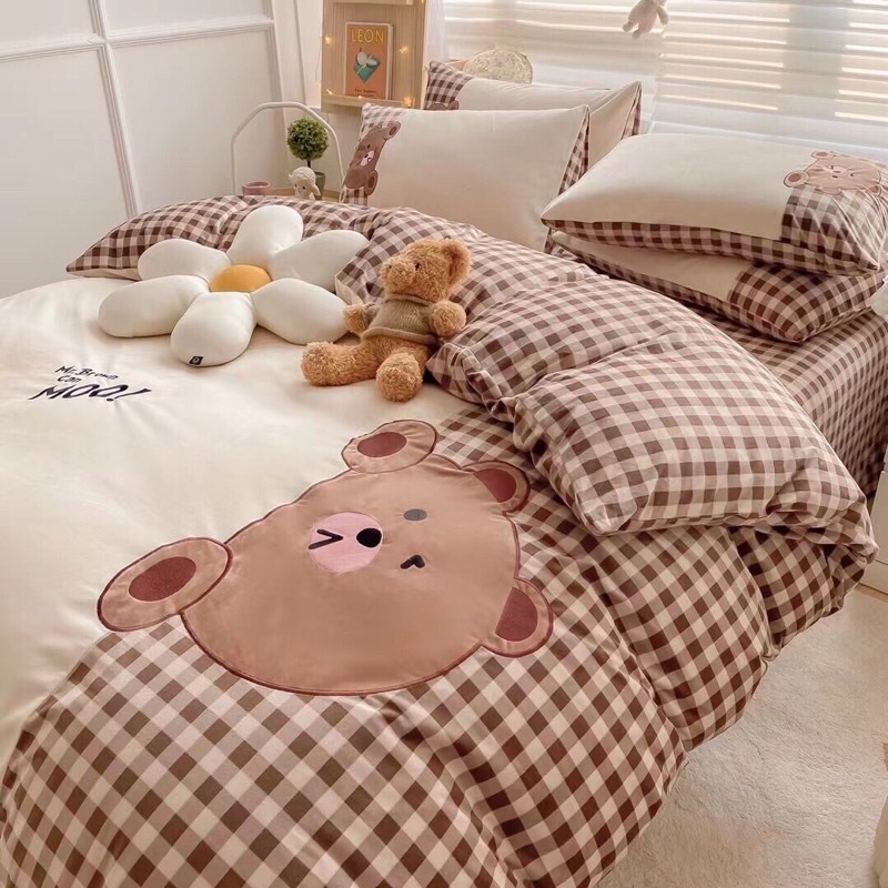 BỘ CHĂN GA GỐI NỈ SỮA GẤU TEDDY PHỐI KẺ DỄ THƯƠNG (đủ size)