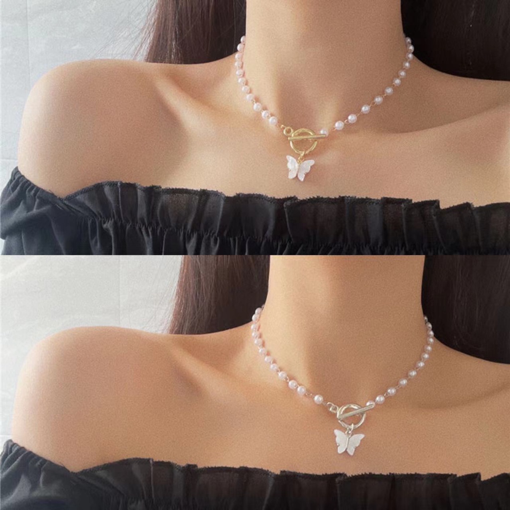 Vòng cổ Mặt Hình Bướm Phối Ngọc Trai Thời Trang Cho Nữ