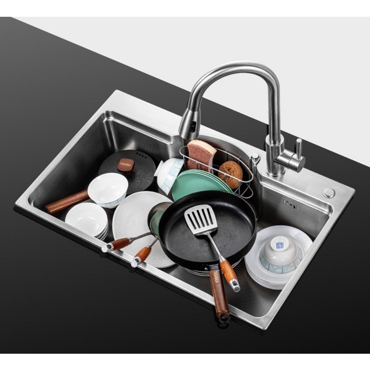 Chậu rửa bát 1 hố cỡ lớn kích thước 78X48 kèm phụ kiện đa năng tiện dụng 2 màu Ghi Xám & Màu Bạc