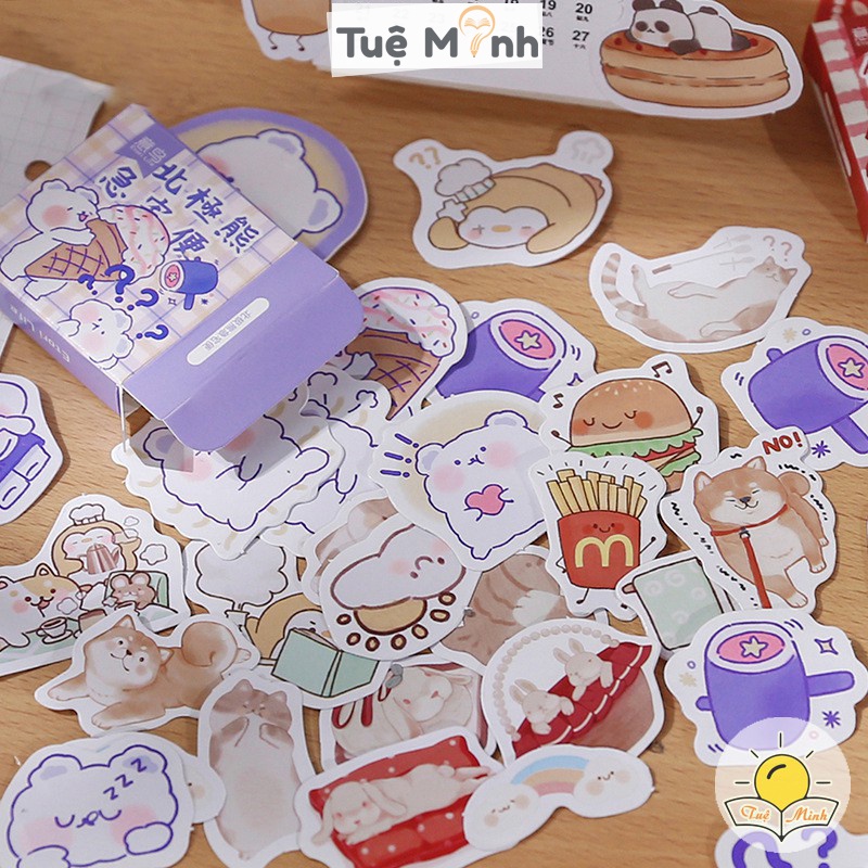 Set 45 sticker hoạt hình dễ thương - nhãn dán hình động vật gấu trúc, chú mèo, chú chó