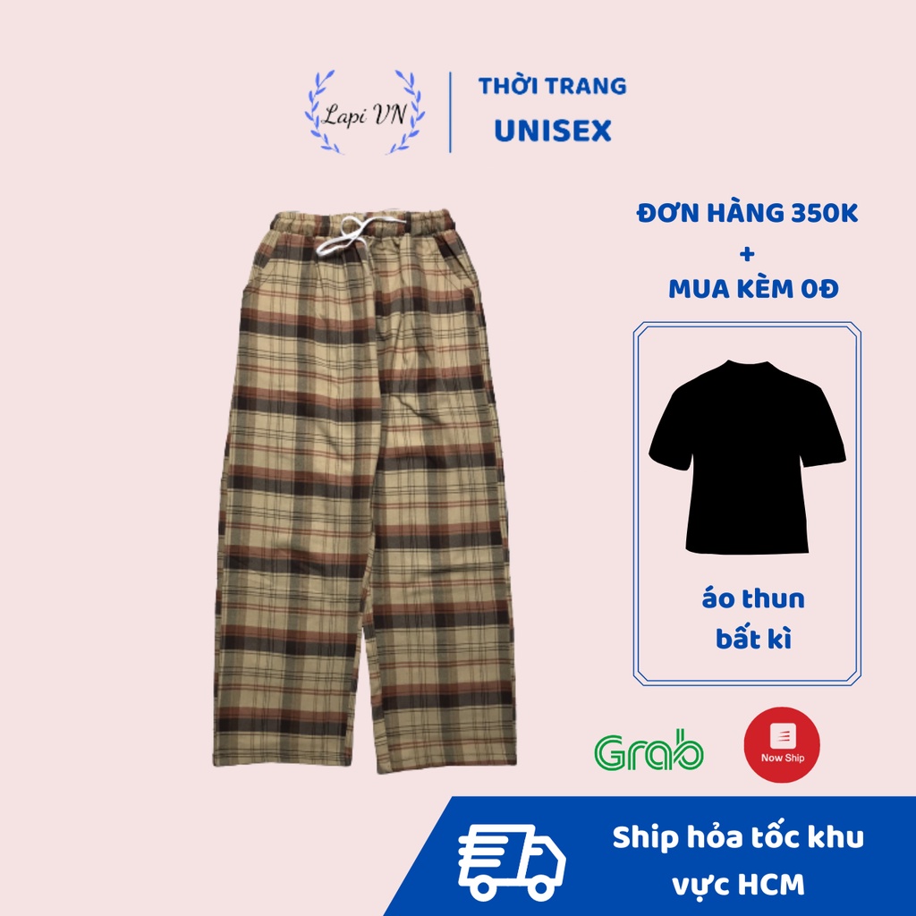 Quần Caro Lưng Thun Dáng Suông Phong Cách Ulzzang Unisex Lapi VN, Lưng Cao, Ống Rộng, Freesize