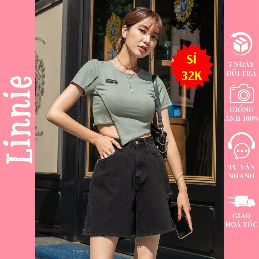 Áo Croptop Ngắn Tay Bất Đối Xứng Linnie - Áo Kiểu Nữ Chất Thun Gân Chéo Tà Tôn Eo Siêu Xinh