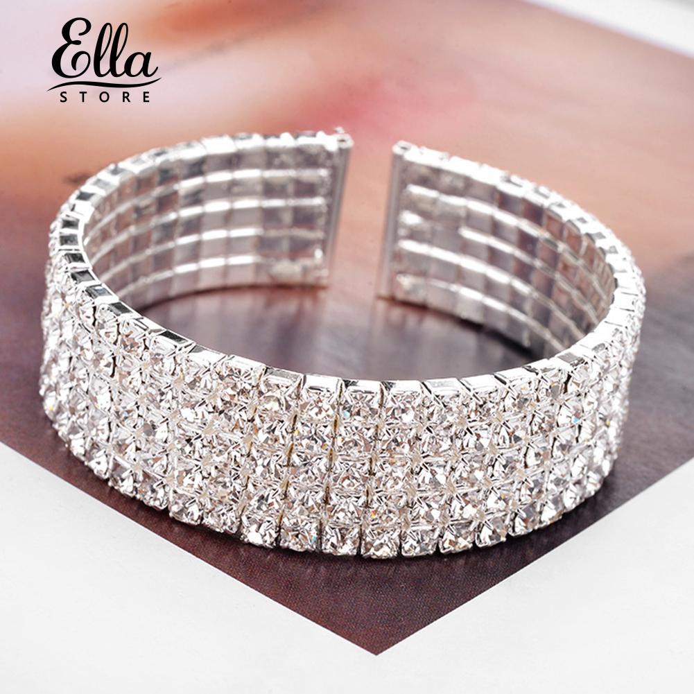 Vòng tay hở bản rộng đính 5 hàng kim cương nhân tạo cho nữ/cô dâu Ellastore