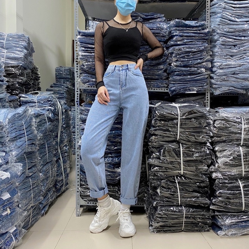 (50~93kg)Baggy Jean BIG SIZE - LƯNG CAO -Quần PHOM TO DÀI - Xanh Jean Trơn