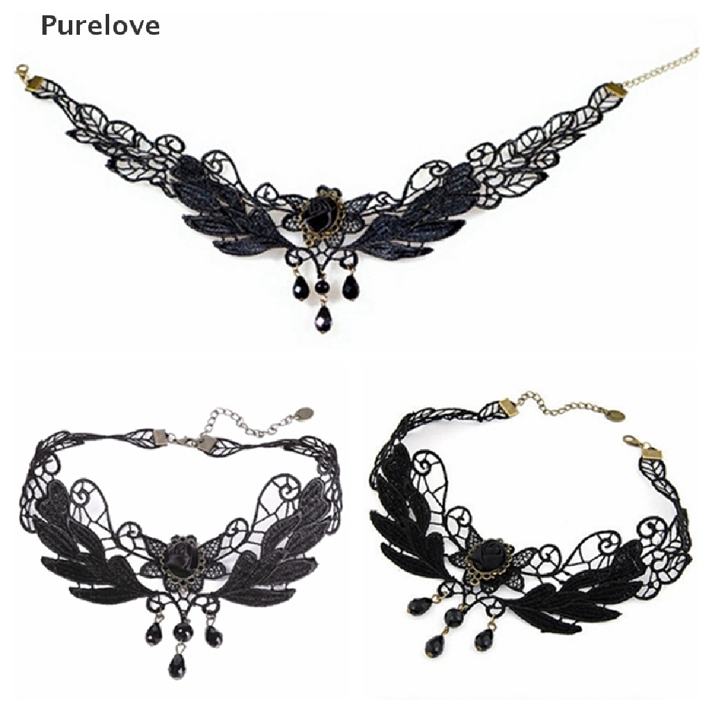 (Purelove) Choker Ren Đính Hạt Màu Đen Hoa Hồng Phong Cách lolita Mới