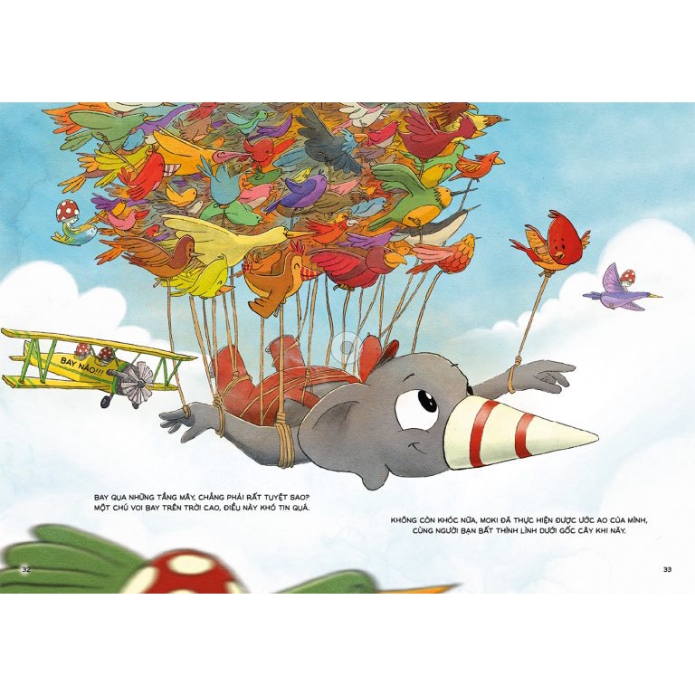 Sách cho bé - Bạn Voi MOKI và giấc mơ được bay -Truyện tranh kết hợp trò chơi , tô màu