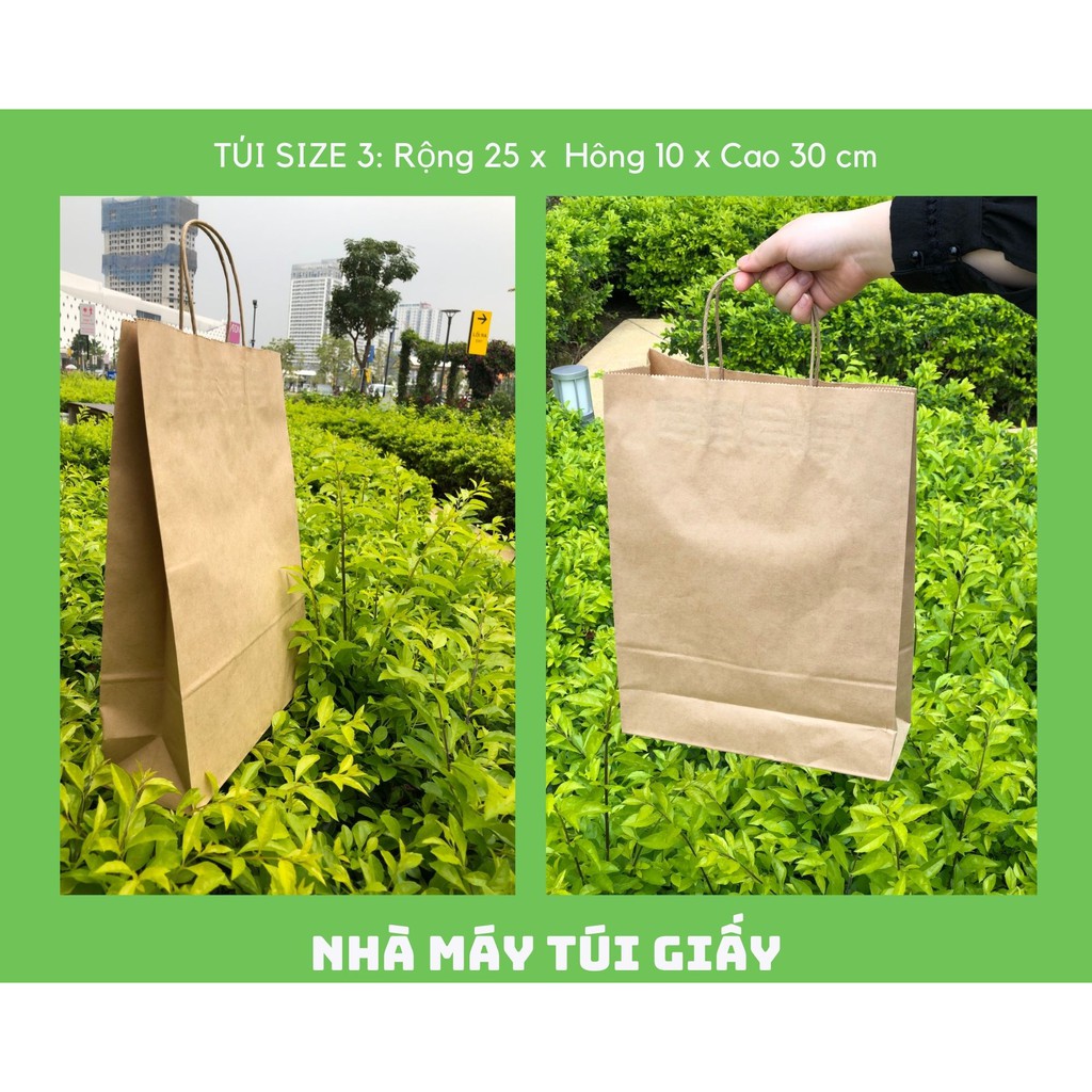 100 Chiếc TÚI GIẤY XI MĂNG KRAFT MÀU NÂU Size 3: 25x10x30 cm CÓ QUAI