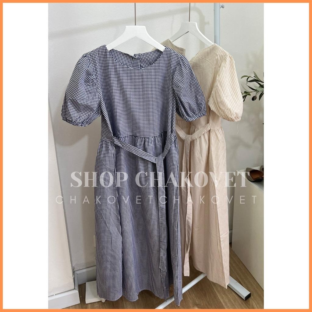 Đầm nữ cổ tròn cúc sau buộc nơ V8277 váy nữ dáng dài đi biển xinh quá gối cộc tay babydoll dự tiệc sang chảnh -CHAKOVET