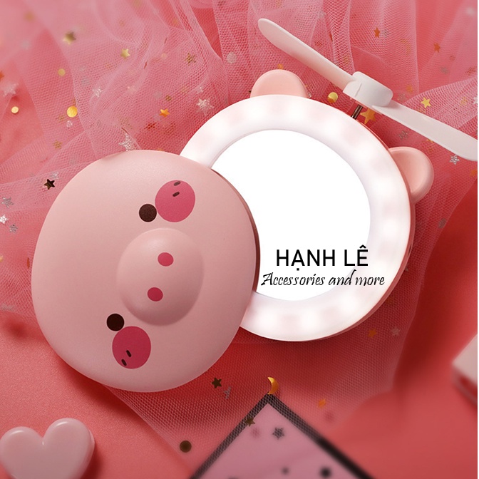 Gương mini cầm tay bỏ túi kèm đèn led và quạt cắm sạc USB tiện lợi 3 In 1 giúp bạn gái trang điểm tiện lợi hơn