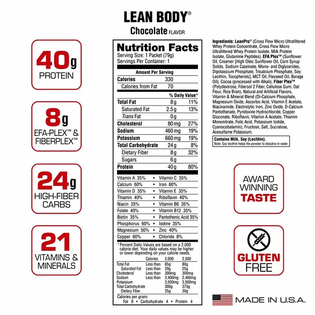Labrada Lean Body Gói, Sữa Thay Thế Bữa Ăn, 40g Protein, 8G Chất Béo Tốt & Chất Xơ, 21 Vitamin Khoáng Chất
