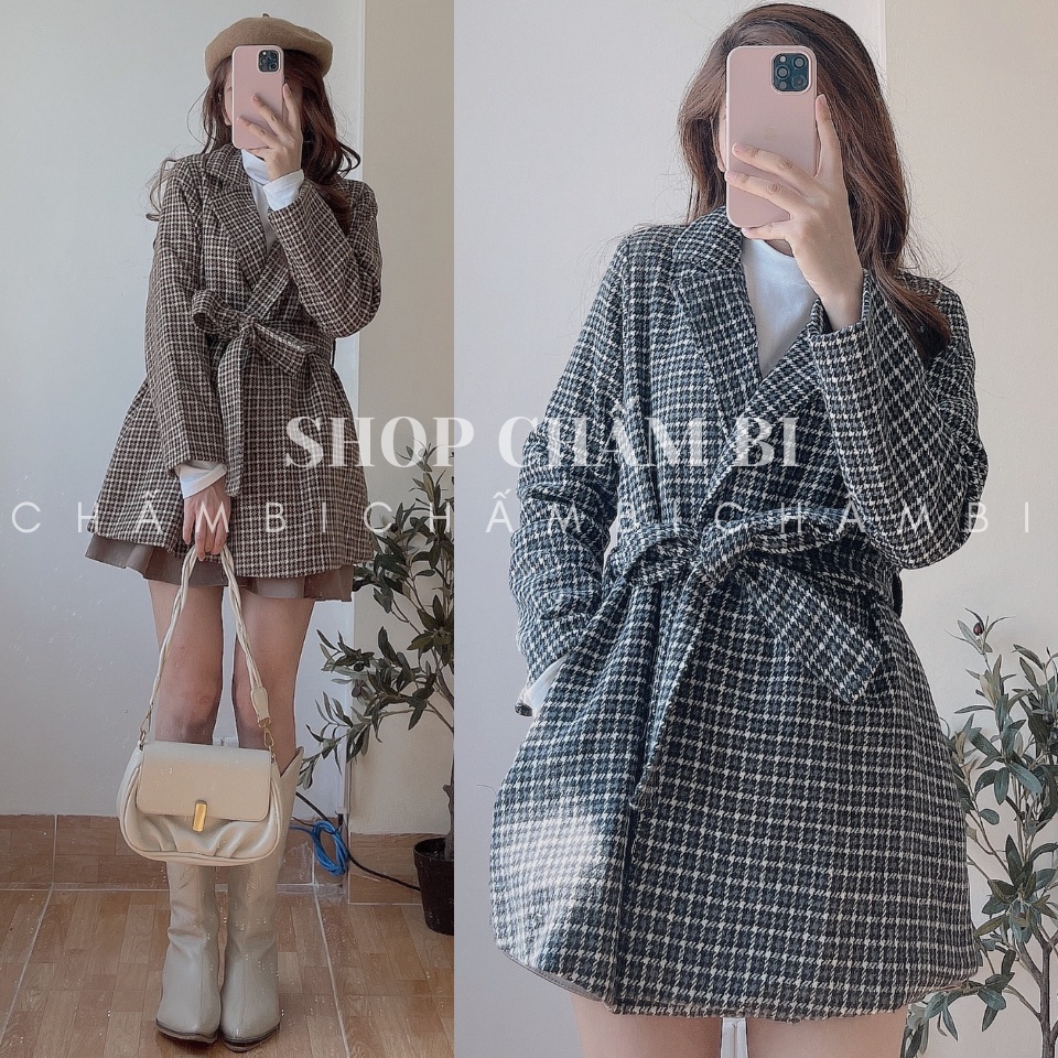 Áo khoác kiểu nữ A.274, Áo khoác dạ kẻ caro cổ vest 2 màu thắt đai eo tiểu thư