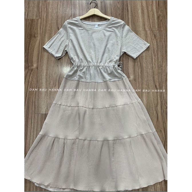 [HANNA] Đầm bầu thun cotton dập ly mặc bầu và sau sinh size 75kg co dãn thoải mái thoáng mát dáng dài dễ thương