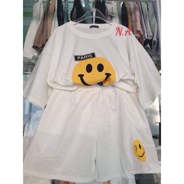 Set ngủ nữ Mặt cười Drew Pari Bộ quần short đùi áo form rộng tay lỡ, sooc phông mặc ở nhà Ulzzang Phong cách thể thao