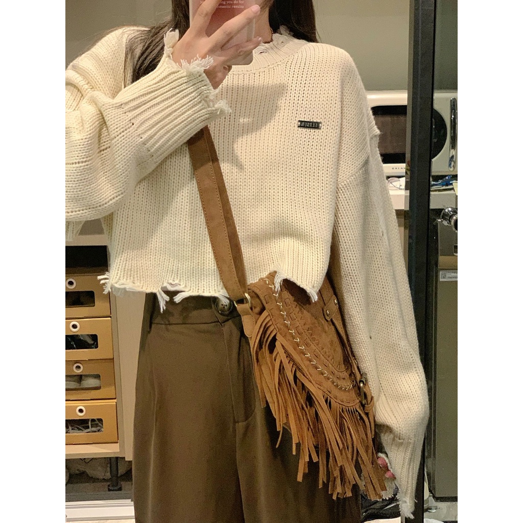 Áo sweater NZN dệt kim tay dài dáng rộng thiết kế rách thời trang cá tính cho nữ