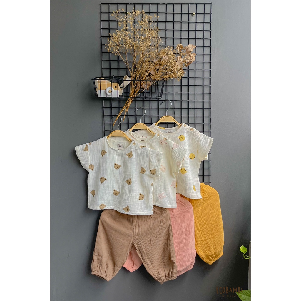 Bộ cotton Muslin Unisex TAY NGẮN, QUẦN THỤNG phong cách Hàn Quốc cho bé - ECOBAMBI