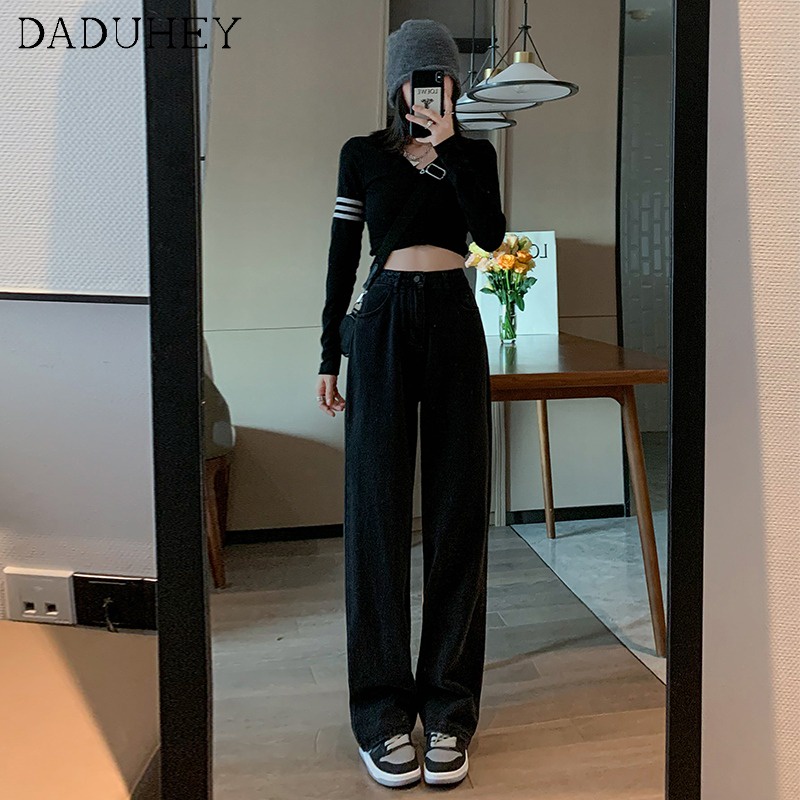 Quần denim ống rộng lưng cao phối thắt lưng phong cách Hàn Quốc thời trang cho nữ