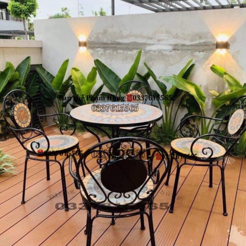 Bộ bàn ghế mặt đá hoa văn sân vườn ngoài trời