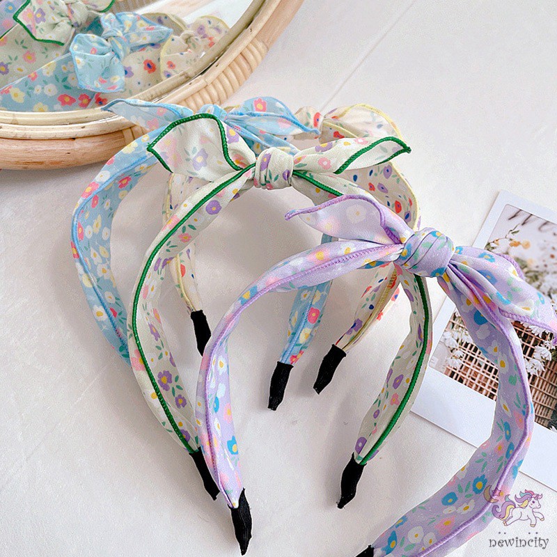 Băng Đô Cài Tóc Đính Nơ In Hoa Phong Cách Hàn Quốc Cho Bé Gái