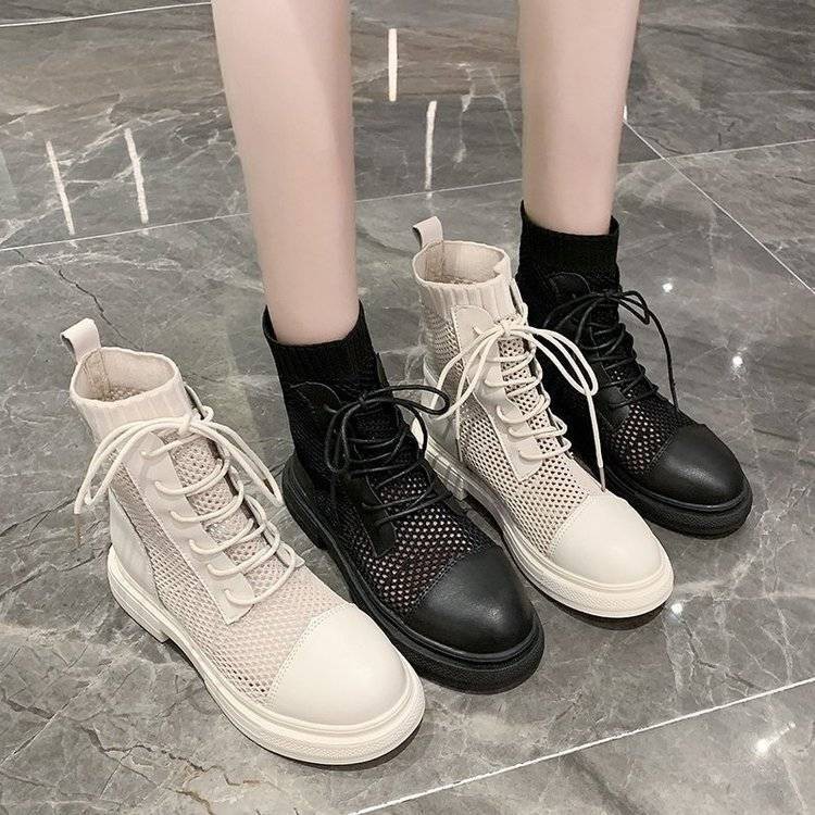 giày Martin boots lưới thoáng khí của phụ nữ 2021 mùa xuân và hè mới màu đỏ cao cổ mỏng đế bệt kiểu La Mã