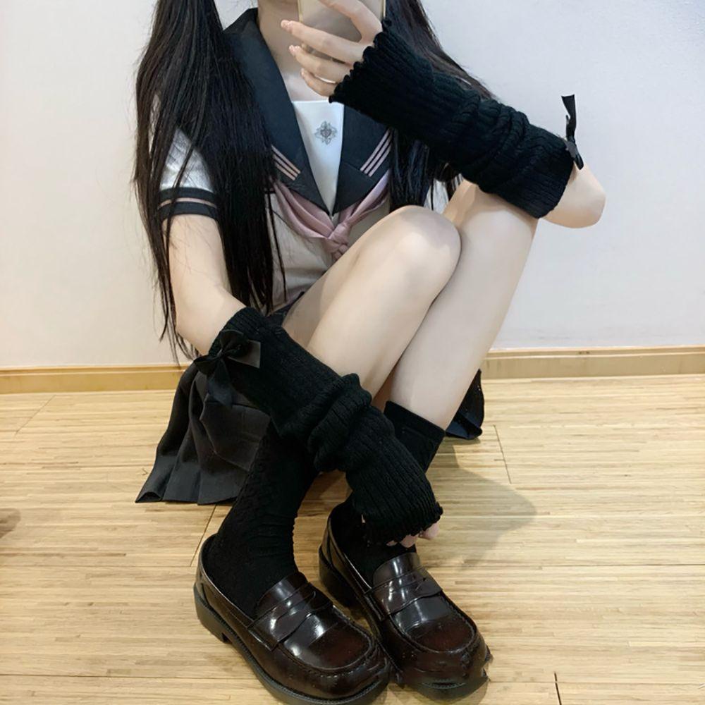 Mocho Vớ Dệt Kim Giữ Ấm Chân Màu Trơn Đính Nơ Ren JK Thoải Mái Cho Nữ